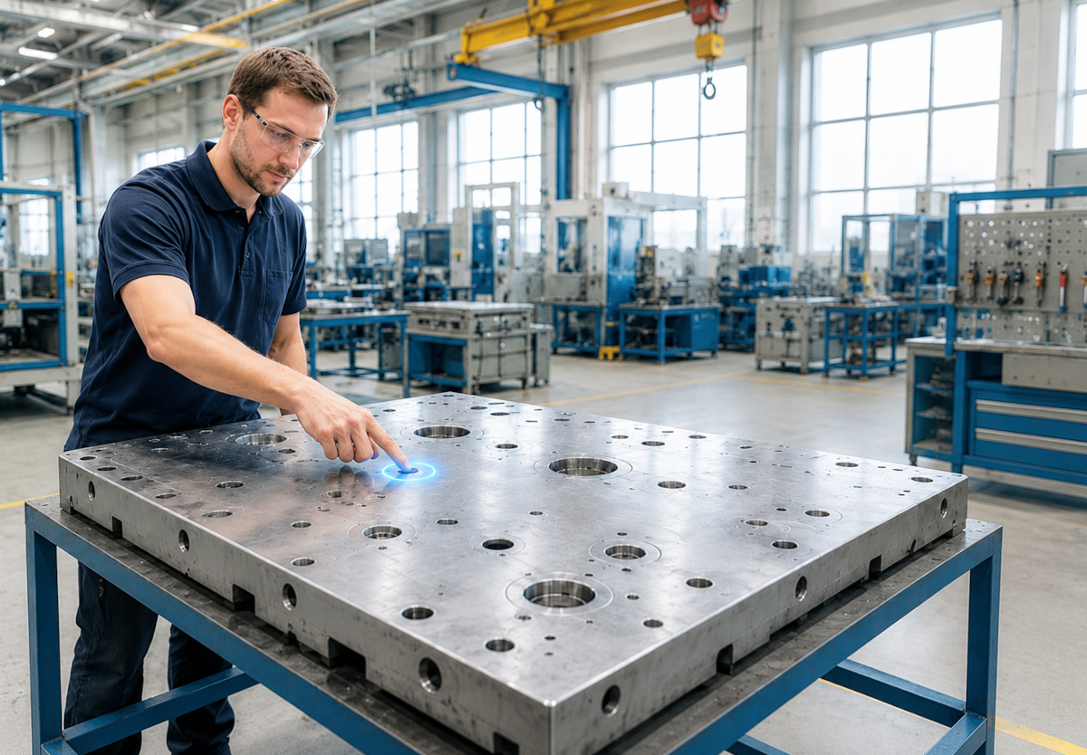 Automatisierung: Assistenzsystem erkennt Handbewegung und markiert einen Fehler digital auf einem Bauteil in der Produktion