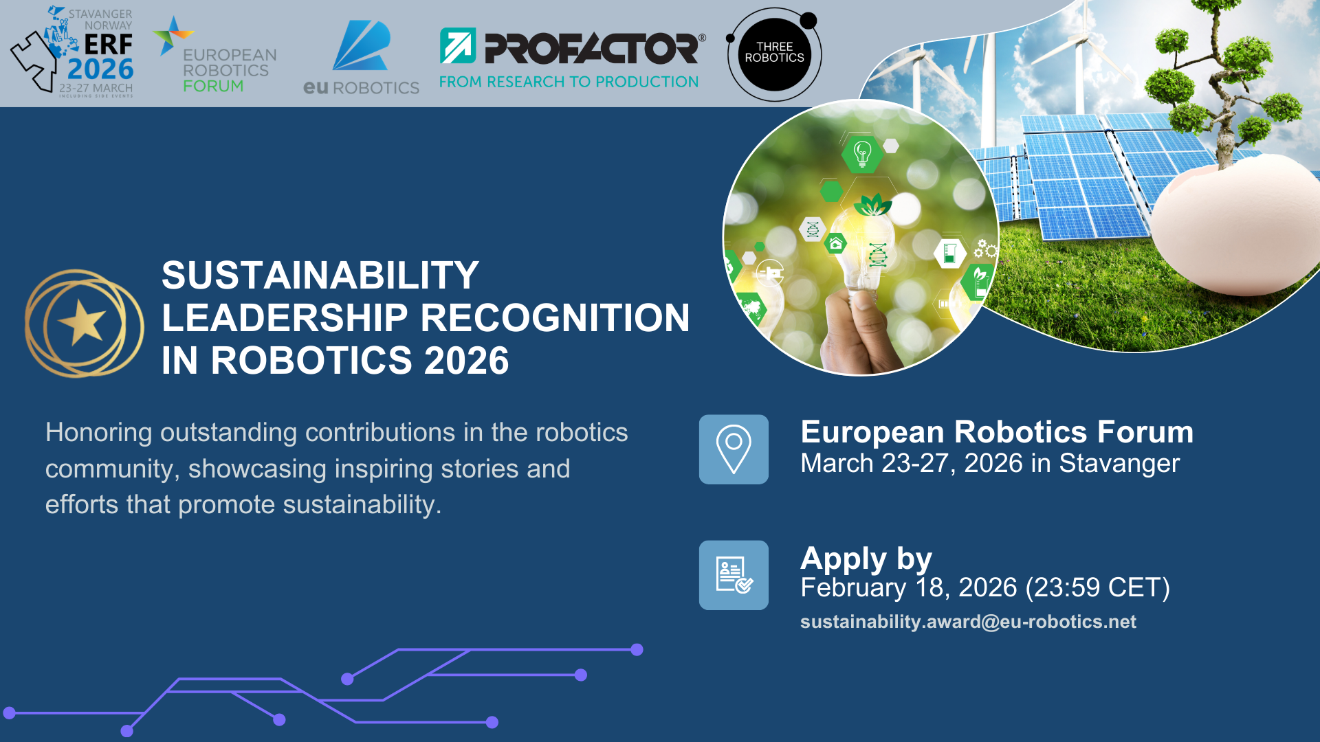 Titelbild für: Jetzt einreichen – Sustainability Leadership Recognition in Robotics (ERF 2026)