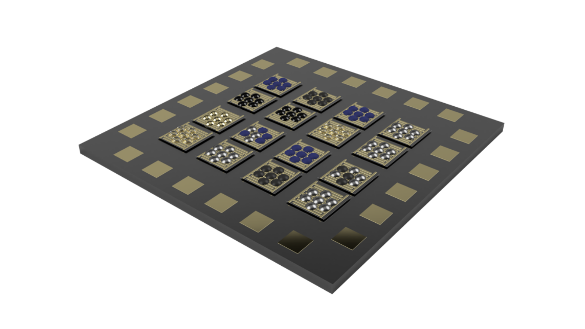 3D-Rendering eines IFAT-Chips mit IDTs auf einem Mikrochip-Substrat, dargestellt als technisches Sensorarray mit mehreren strukturierten Modulen.