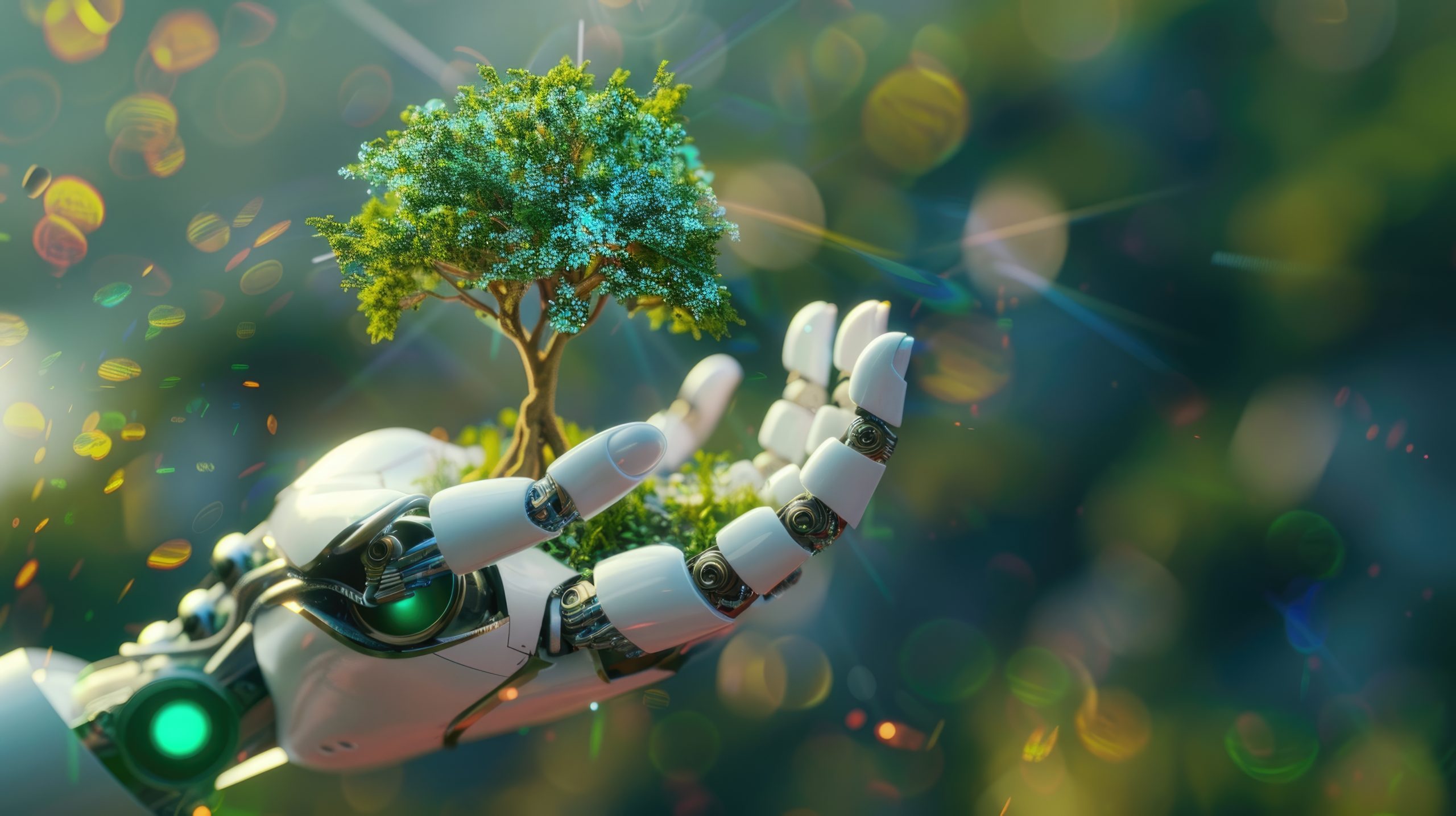 Roboterhand hält einen kleinen Baum als Symbol für künstliche Intelligenz, Nachhaltigkeit und umweltfreundliche Technologie.