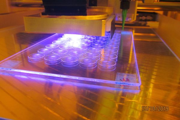 Laboranlage zur Nanoimprint-Lithographie mit UV-Belichtung zur Herstellung von lichtleitenden Mikrostrukturen und optischen Bauteilen auf transparenten Substraten.